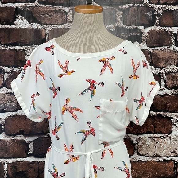 Zara Basic Dress Short Sleeve Knee Length White Orange Bird Print X Small XS - Picture 6 of 16